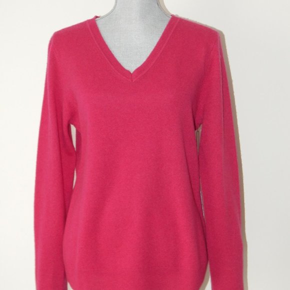 TAHARI 2-PLY 100% Cashmere V-Neck Pullover Sweater Raspberry  Women’s Large NWT - Picture 2 of 6